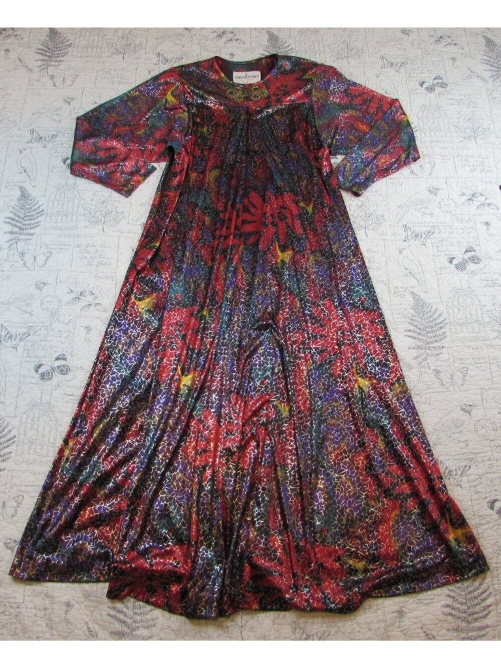 VTG 70s David Brown California Maxi Dress Kaftan Long Sleeve floral gold M